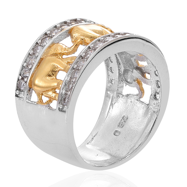 ELANZA AAA Simulated Diamond (Rnd) Royal Thai Elephant Band Ring in Platinum and Yellow Gold Overlay Sterling Silver