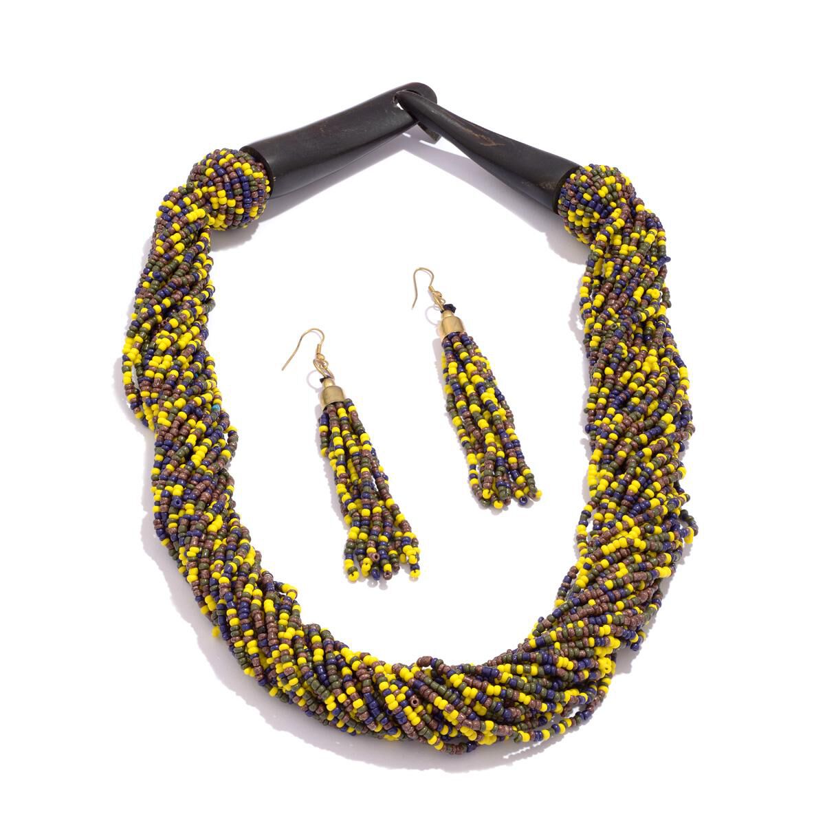Jewels of India Multi Colour Seed Beads Necklace and Hook Earrings in Gold Tone