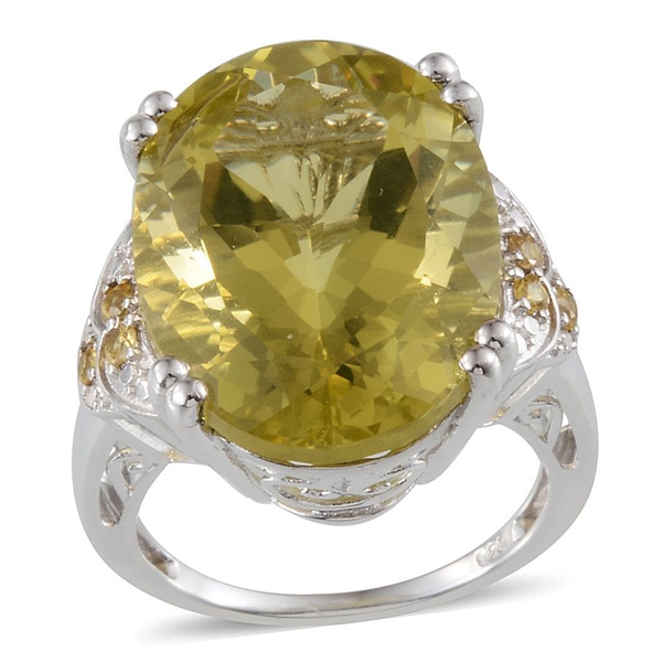 Brazilian Green Gold Quartz (Ovl 20.00 Ct), Yellow Sapphire and Diamond Ring in Platinum Overlay Ste