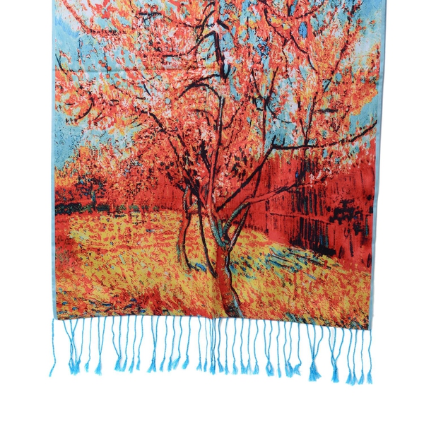 Designer Inspired Double Sided Digital Tree Printed Blue and Multi Colour Scarf with Fringes (Size 165x50 Cm)