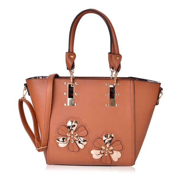 Set of 2 - Tan Colour Floral Design Handbag (Size 46X30X30X11 Cm) and Chocolate and Tan Colour Leopard Pattern Handbag (Size 30X24X12 Cm) with Adjustable and Removable Shoulder Strap