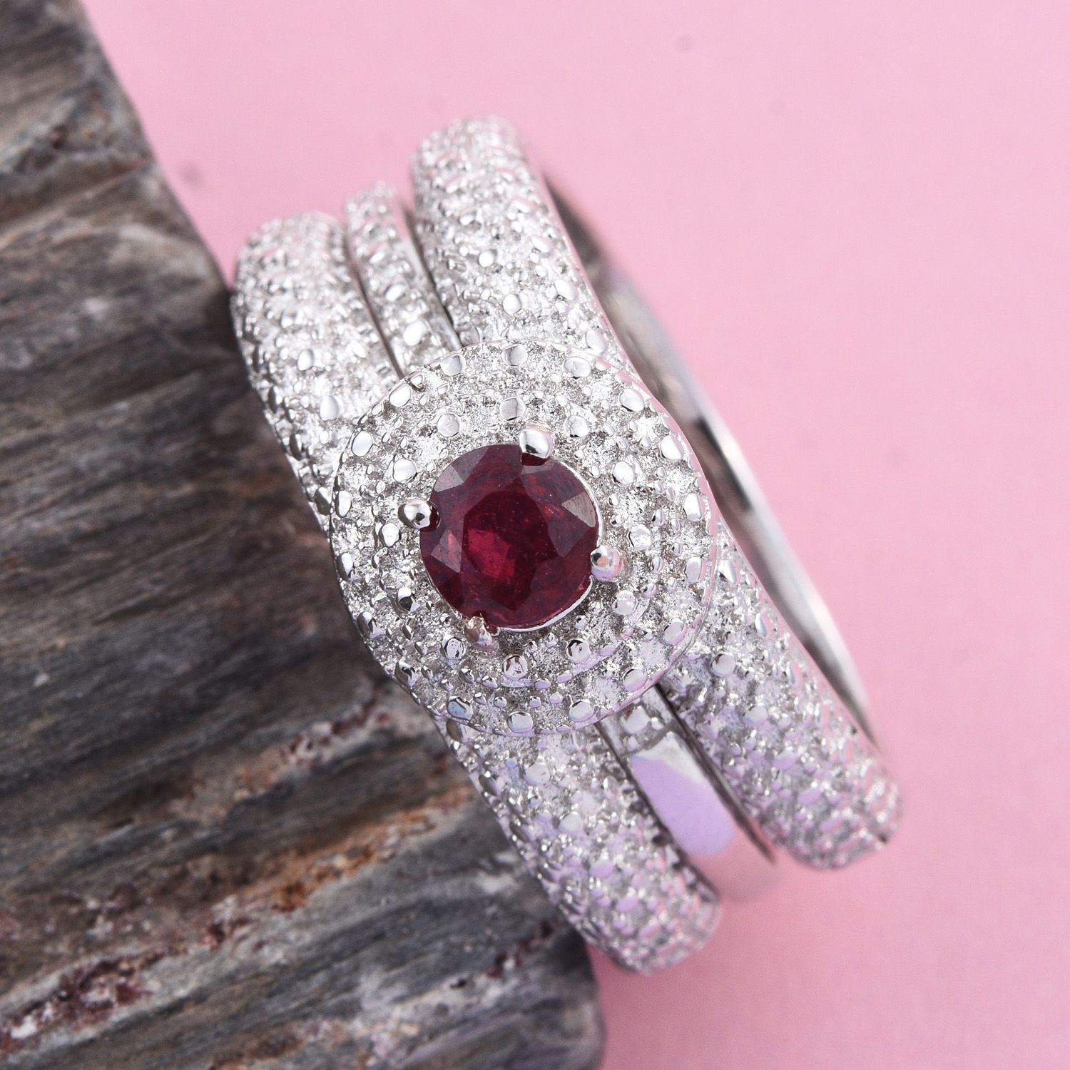 Ruby (Rnd) 2 Ring Set in ION Plated Platinum Bond 0.750 Ct.