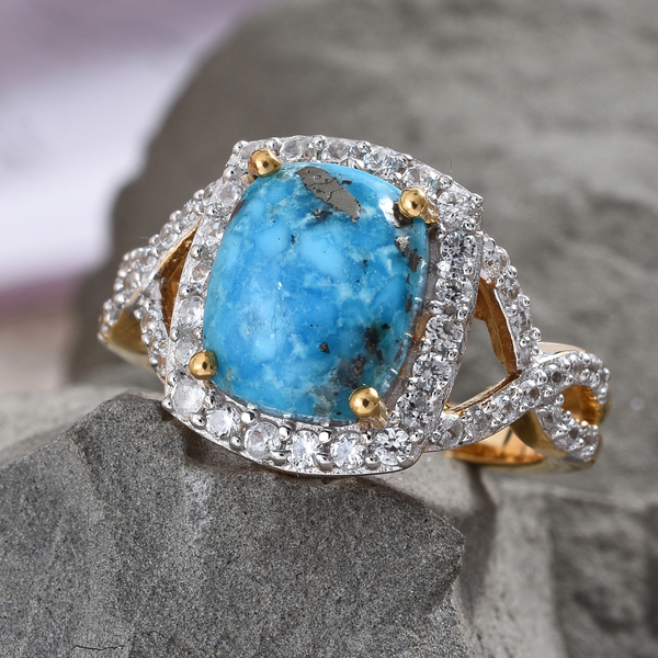 Turquoise (Cush 10x8 mm), Natural Cambodian Zircon Ring in 14K Gold Overlay Sterling Silver 4.000 Ct.