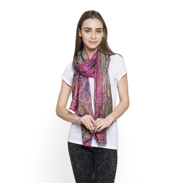100% Modal Pink, Green and Multi Colour Jacquard Scarf (Size 190x70 Cm)