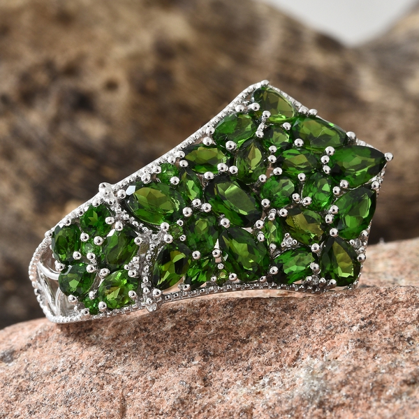 GP 7.25 Ct  Diopside and Multi Gemstone Cluster Ring in Platinum Plated Silver