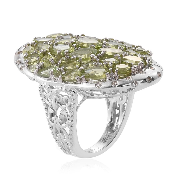 GP Hebei Peridot (Ovl), White Topaz and Kanchanaburi Blue Sapphire Cluster Ring in Platinum Overlay Sterling Silver 9.500 Ct.