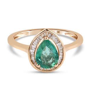 9K Yellow Gold AAA Zambian Emerald and Diamond Ring 1.13 Ct.