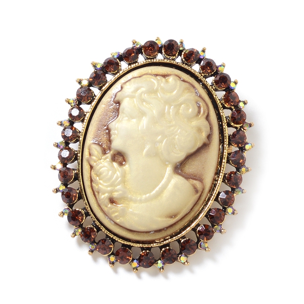 Cameo (Ovl), Brown Austrian Crystal, Magic Colour Austrian Crystal Brooch in Gold Plating
