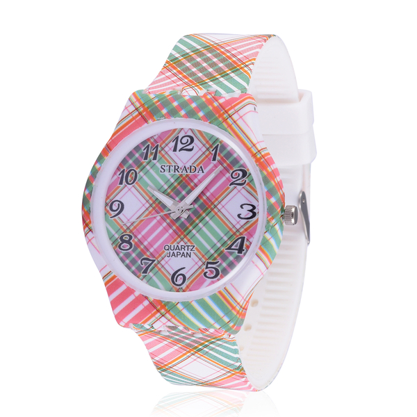 STRADA Japanese Movement Green and Pink Grid Printed Dial Water Resistant Watch with Stainless Steel