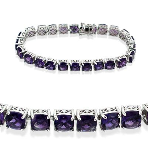 AAA Amethyst (Cush) Bracelet in Rhodium Plated Sterling Silver (Size 7.5) 30.000 Ct.