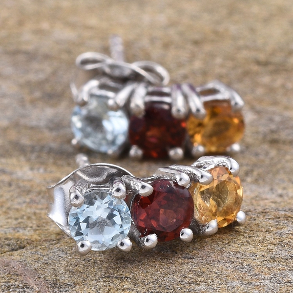 Mozambique Garnet (Rnd), Sky Blue Topaz and Citrine Earrings (with Push Back) in Platinum Overlay Sterling Silver 1.500 Ct.