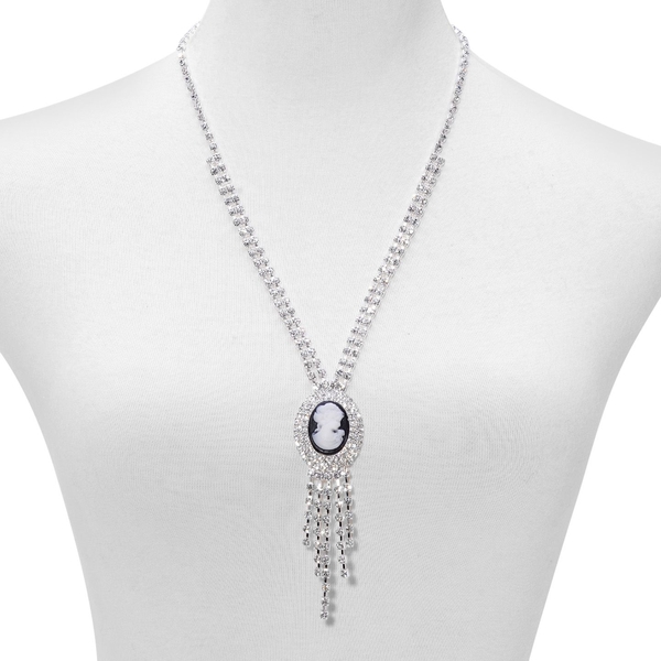 (Option 1) White Austrian Crystal Cameo Necklace (Size 24 with 2 inch Extender) in Silver Tone