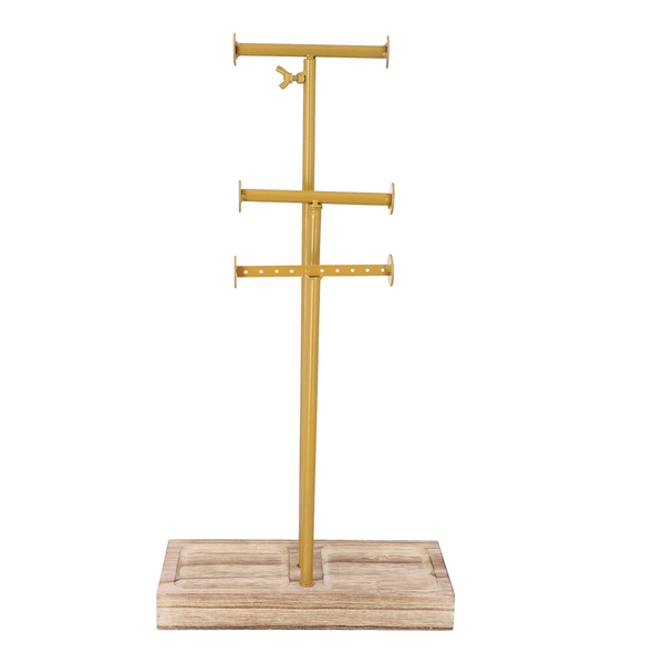 3 Tier Jewellery Stand in Gold Colour with Wooden Base