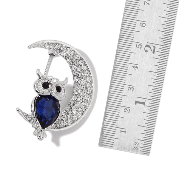 Set of 2 - Simulated White Cats Eye, Simulated Tanzanite, White, Black and Multi Colour Austrian Crystal Owl and Insect Brooch in Yellow Gold Tone
