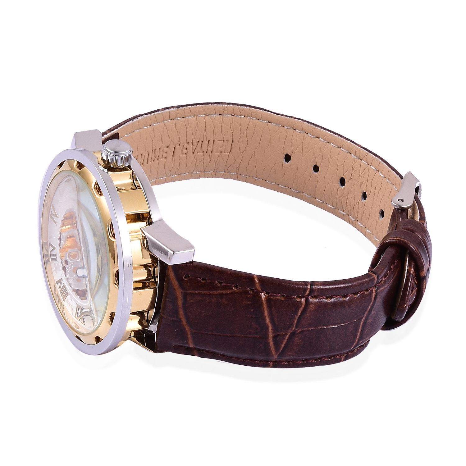 GENOA Automatic Skeleton White and Golden Dial Water Resistant Watch in Silver Tone with Stainless Steel Back and Black Strap