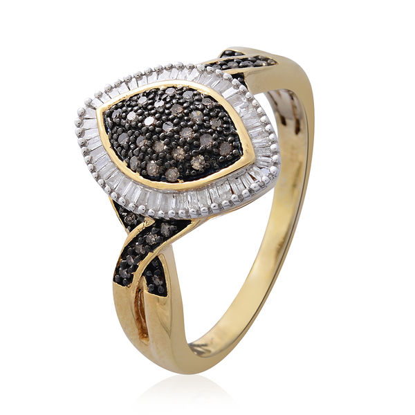Natural Champagne Diamond (Rnd), White Diamond Ring in Black Rhodium and 14K Gold Overlay Sterling Silver 0.500 Ct.