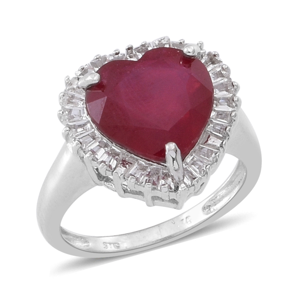 African Ruby (Hrt 6.29 Ct), White Topaz Ring in Rhodium Plated Sterling Silver 7.000 Ct.
