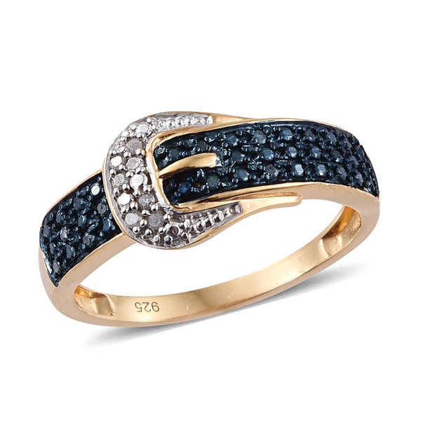 Blue Diamond (Rnd), White Diamond Buckle Ring in 14K Gold Overlay Sterling Silver 0.100 Ct.