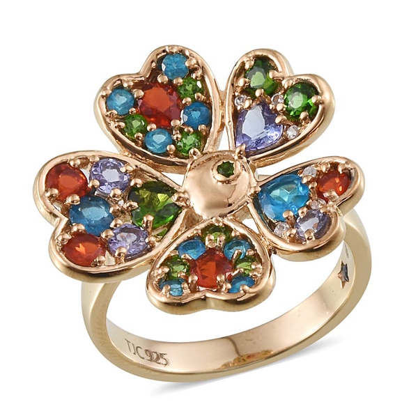 GP Chrome Diopside (Hrt), Tanzanite, Malgache Neon Apatite, Jalisco Fire Opal, Kanchanaburi Blue Sapphire and Natural Cambodian Zircon Floral Ring in 14K Gold Overlay Sterling Silver 2.450 Ct.