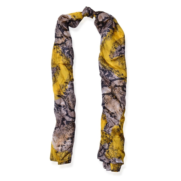 100% Mulberry Silk Black and Grey Colour Snake Pattern Yellow Colour Scarf (Size 180x110 Cm)
