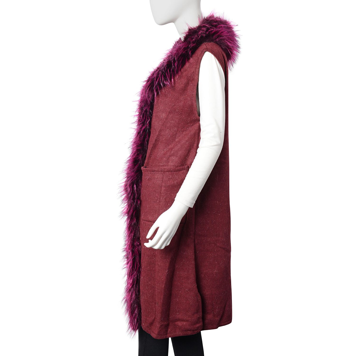 Faux Fur Collar Long Vest Cardigan with 2 Pockets (Size 106x53 Cm) Wine Red Colour