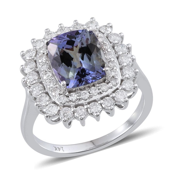 14K W Gold Bondi Blue Tanzanite (Cush 3.50 Ct), Diamond Ring 4.500 Ct.