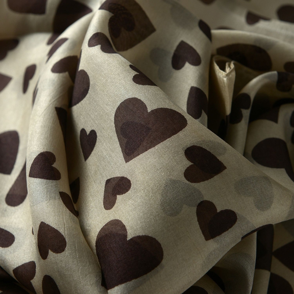 100% Silk Chocolate Colour Hearts Pattern Beige Colour Scarf (Size 170x50 Cm)