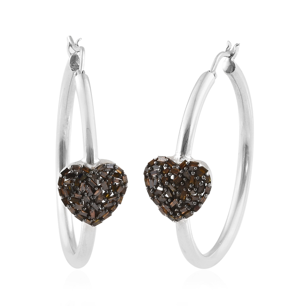 GP 0.56 Ct Red Diamond and Kanchanaburi Blue Sapphire Heart Hoop Earrings in Platinum Plated Silver