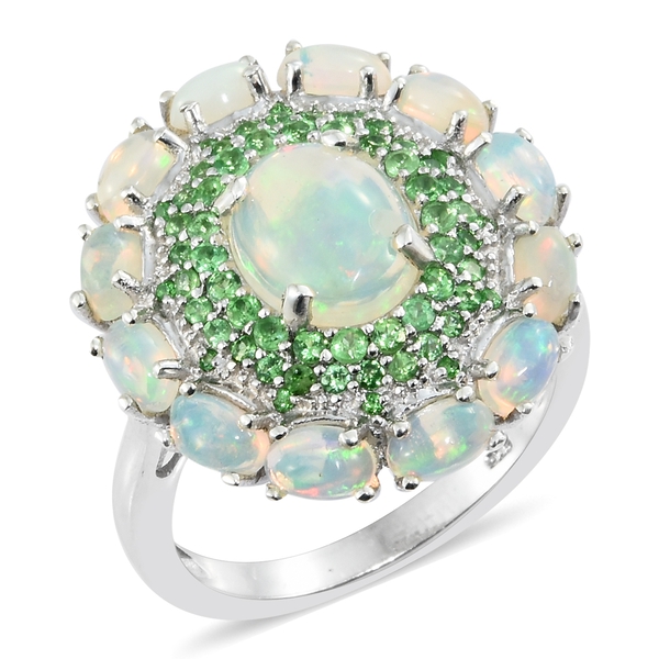 4.50 Ct Ethiopian Welo Opal and Tsavorite Garnet Floral Ring in Platinum Plated Sterling Silver