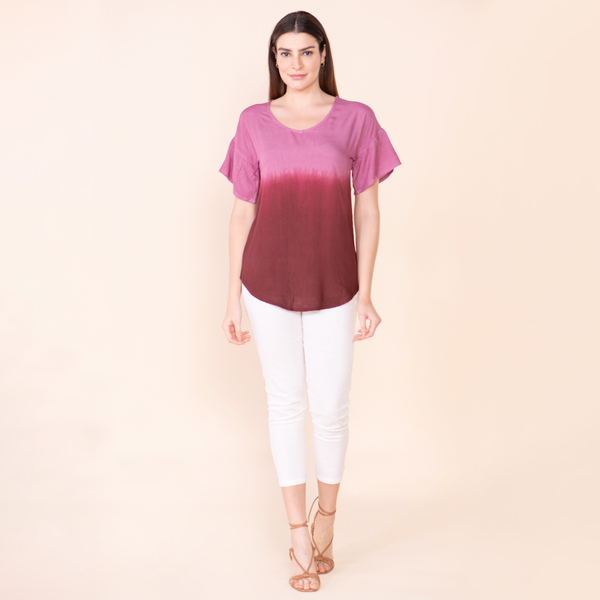 TAMSY Viscose Ombre Pattern Short Sleeve Top - Red