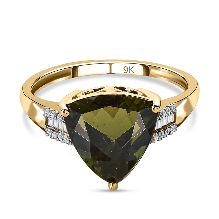9K Yellow Gold Moldavite and Diamond Ring 3.30 Ct