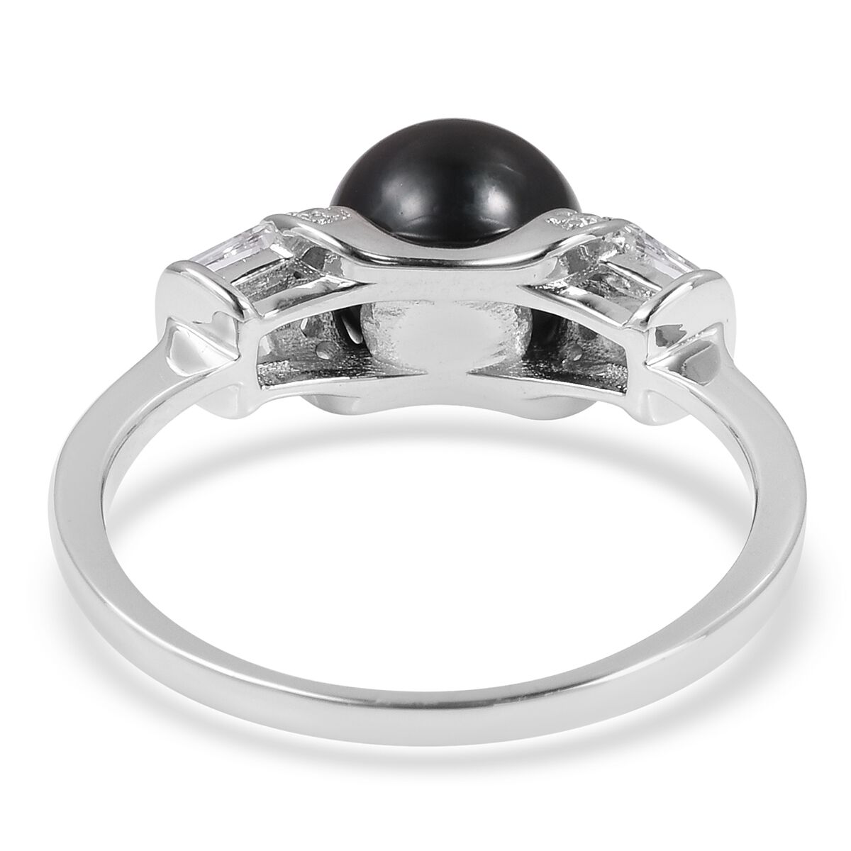 One Time Deal-Tahitian Pearl (Rnd 8-9 mm), White Topaz Ring in Rhodium Overlay Sterling Silver