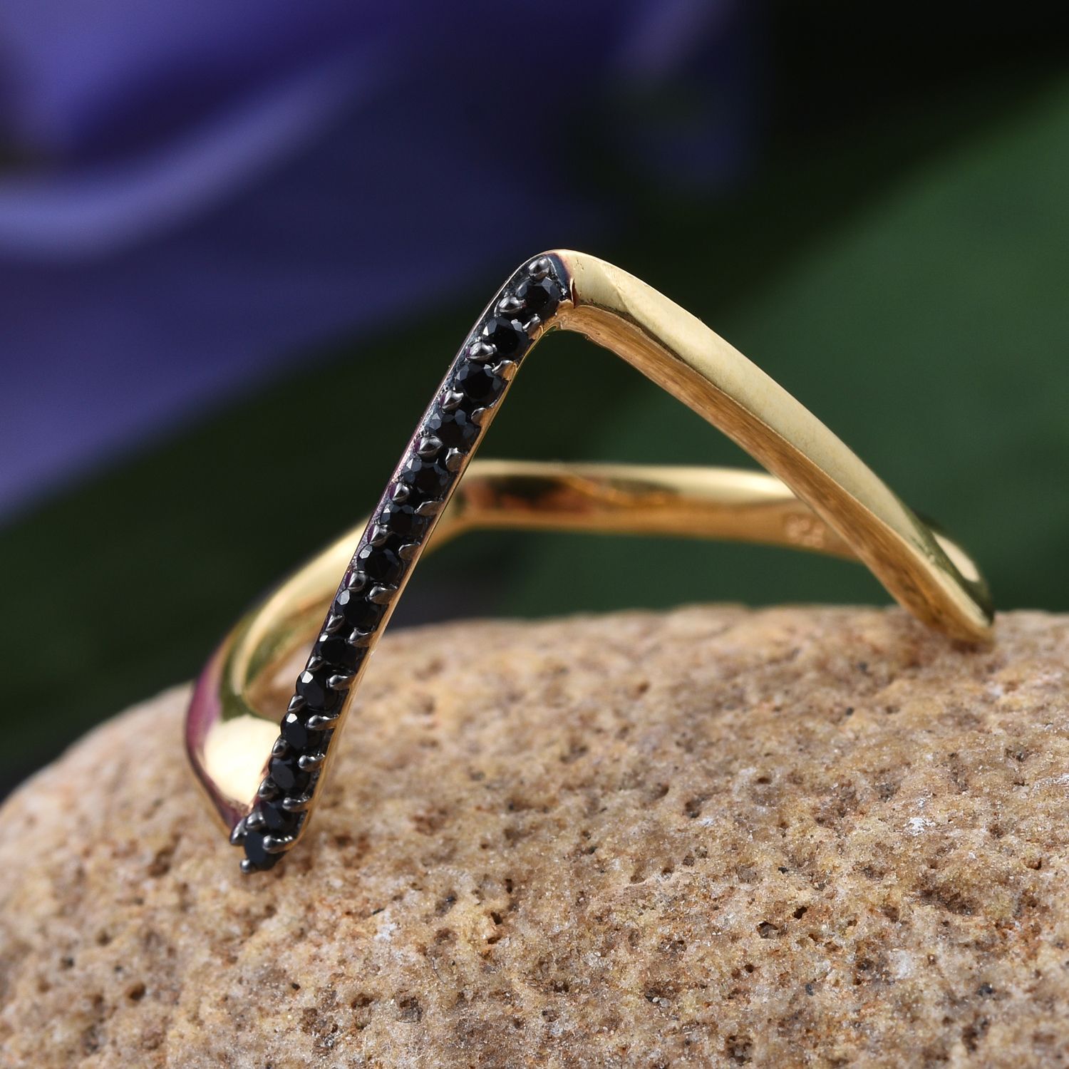 Boi Ploi Black Spinel (Rnd) Wishbone Ring in 14K Gold Overlay Sterling Silver 0.250 Ct.