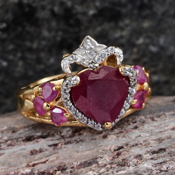 GP African Ruby (Hrt 3.60 Ct), Ruby, Kanchanaburi Blue Sapphire and Natural Cambodian Zircon Ring in 14K Gold Overlay Sterling Silver 4.500 Ct.
