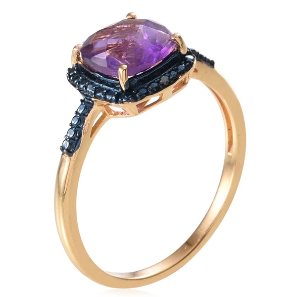 Checkerboard Cut Amethyst (Cush), Blue Diamond Ring, Stud Earrings (with Push Back) and Pendant in 14K Gold Overlay Sterling Silver 7.040 Ct.