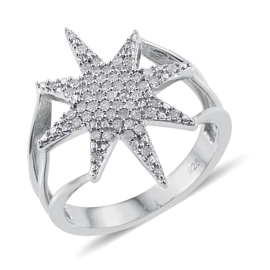 Diamond Star Silver Ring 0.33 Carat in Platinum Overlay.