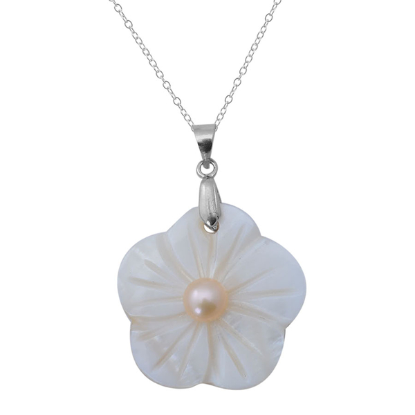 Fresh Water Peach Pearl and White Shell Floral Pendant With Chain (Size 18) and Earrings (with Push Back) in Sterling Silver
