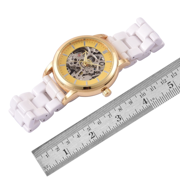 GENOA Skeleton Dial Automatic Water Resistant White Ceramic Watch in Yellow Gold Tone