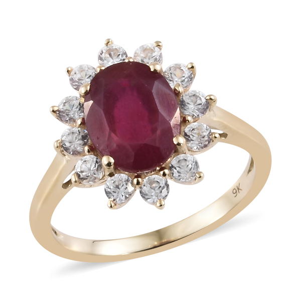 Designer Inspired 9K Yellow Gold AA African Ruby (Ovl 9x7mm), Natural Cambodian White Zircon Floral 
