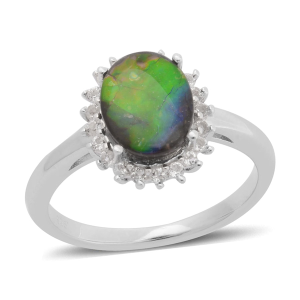 Canadian Ammolite (Ovl 1.50 Ct), White Zircon Ring in Rhodium Plated Sterling Silver 1.650 Ct.