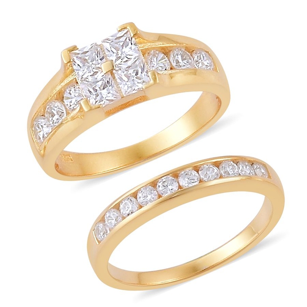 AAA Simulated White Diamond 2 Ring Set in Yellow Gold Overlay Sterling Silver