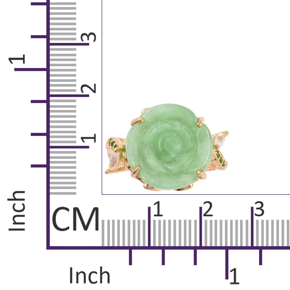 Carved Green Jade,White Topaz and Chrome Diopside Flower Ring in Yellow Gold Overlay Sterling Silver 22.645 Ct, Silver wt 6.15 Gms.