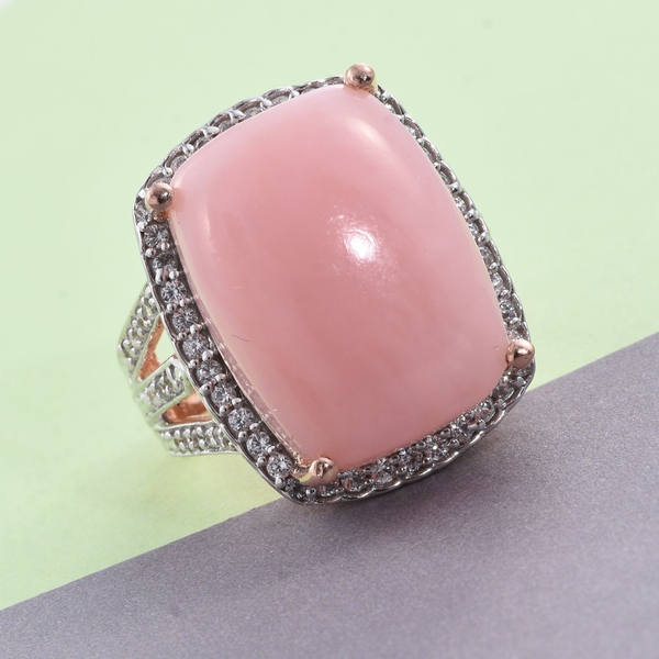 Peruvian Pink Opal (Cush 14.00 Ct), Natural Cambodian Zircon Ring in Rose Gold Overlay Sterling Silver 15.000 Ct.