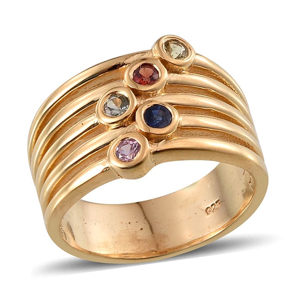Green Sapphire (Rnd), Yellow, Kanchanaburi Blue, Red and Pink Sapphire Ring in 14K Gold Overlay Ster