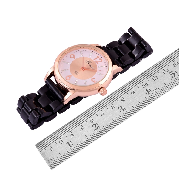 GENOA Japanese Movement White Austrian Crystal Studded White and Rose Gold Colour Dial Water Resistant Watch in Rose Gold Tone with Stainless Steel Back and Black Ceramic Strap