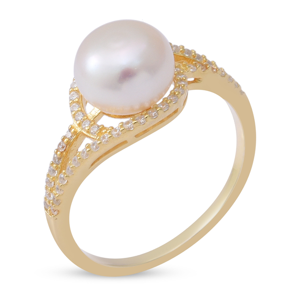 Freshwater Pearl and Simulated Diamond Ring in Yellow Gold Overlay Sterling Silver