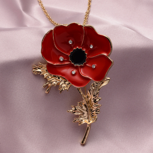 TJC Poppy Design: White Austrian Crystal Enamelled Brooch Cum Pendant with Chain (Size 24) in Yellow Gold Tone