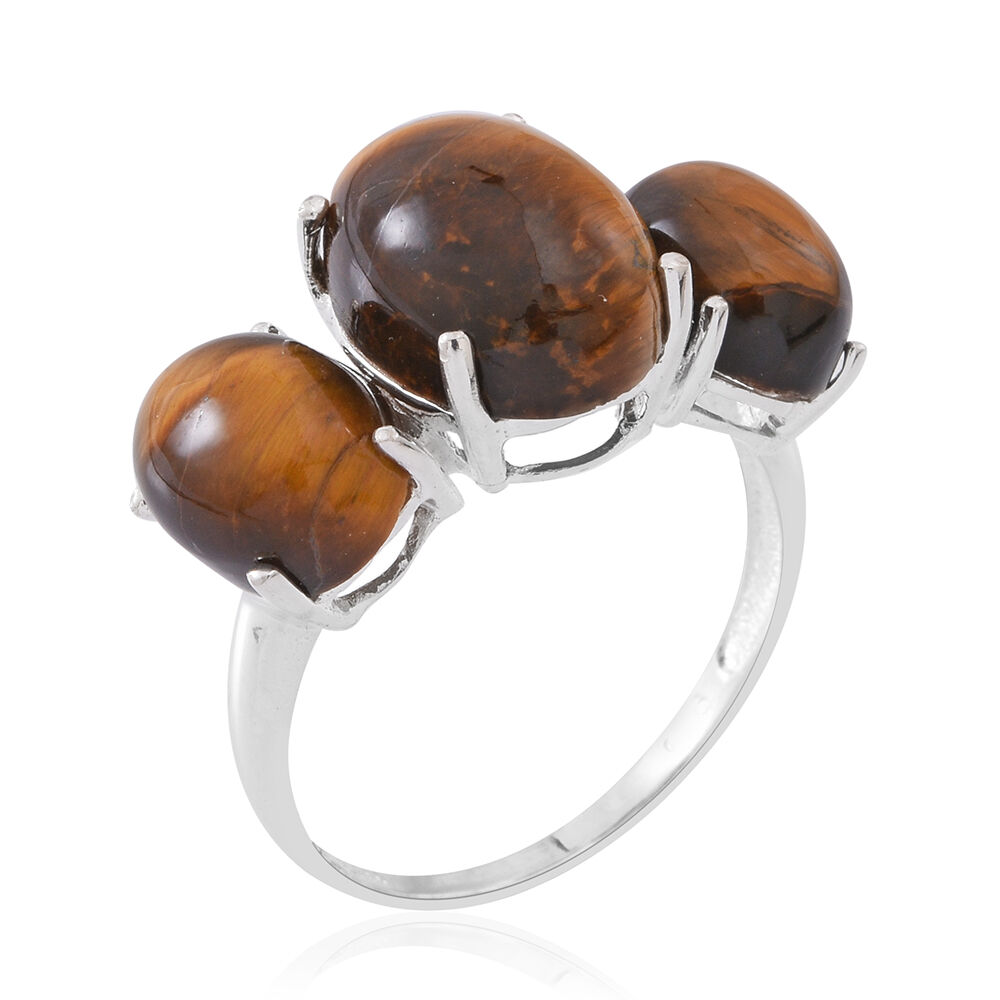 African Tigers Eye (Ovl) 3 Stone Ring in Sterling Silver 15.000 Ct.