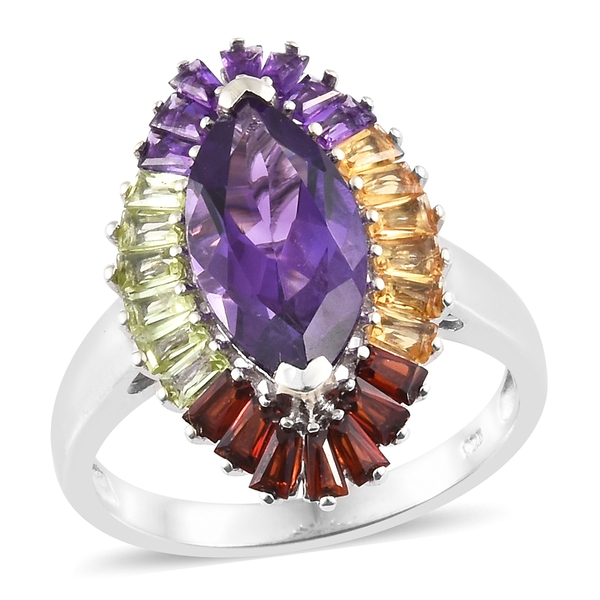 5.50 Ct Amethyst, Mozambique Garnet and Multi Gemstone Halo Ring in Platinum Plated Sterling Silver