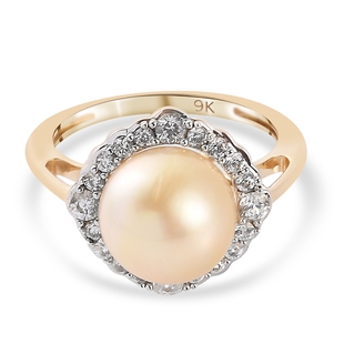 9K Yellow Gold South Sea Pearl and Natural Cambodian Zircon Halo Ring
